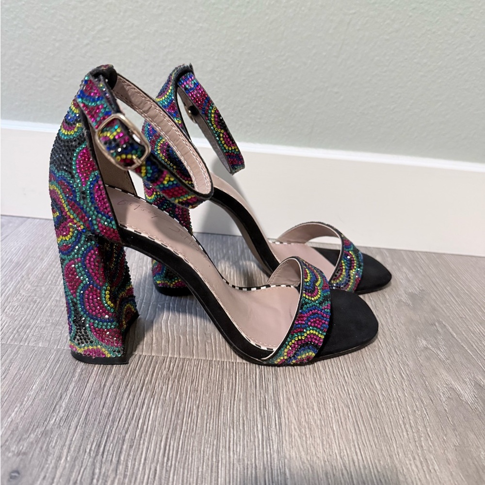 Betsey Johnson Multicolor Beaded Ankle Strap Block Heels - Picture 7 of 9